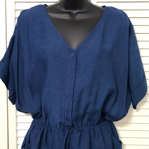 Large Davi & Dani Button Down Romper Short Sleeve Button Round Neck Tie Waist - Picture 2 of 11
